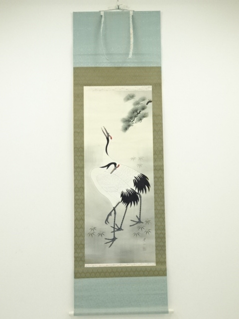JAPANESE HANGING SCROLL / HAND PAINTED / PINE CRANES